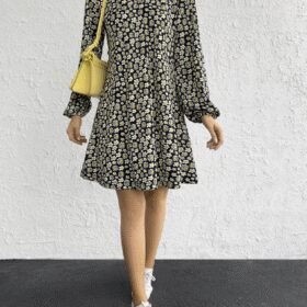 Kadın Uzun Kollu V Yaka çiçek Desenli Helen Kumaş Elbise