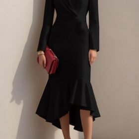 Kadın Uzun Kollu Yakalı Belden Oturtmalı Midi Ithal Krep Elbise