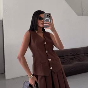 YELEK - PİLELİ ETEK GÖRÜNÜMLÜ ELBİSE - Kahverengi