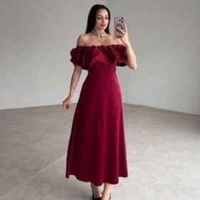 Bordo Omuz Büzgülü Saten Elbise