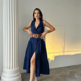 MÜSLİN ELBİSE GÖMLEK YAKA KOLSUZ ÖNDEN DÜĞMELİ - Lacivert