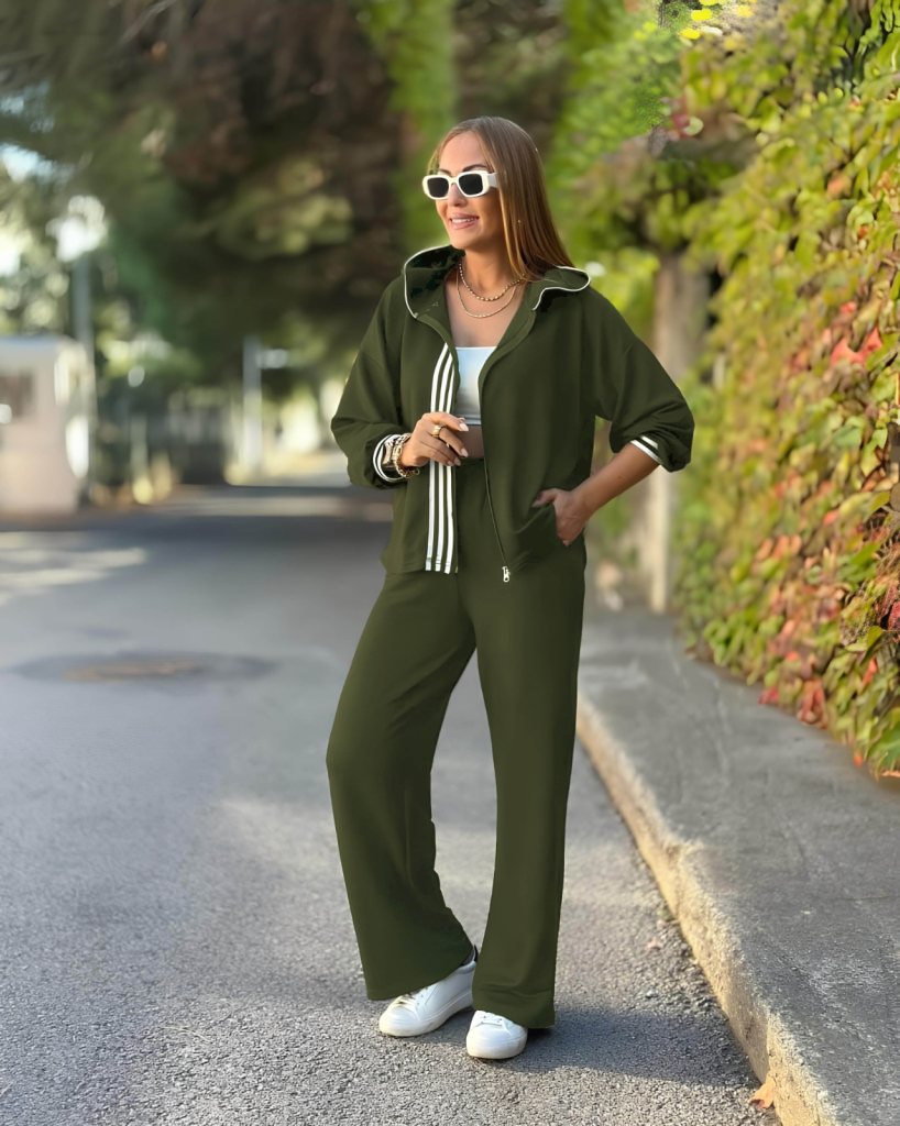 Kadın Uzun Kollu Kapşonlu Onu şerit Detaylı Fermuarlı Viskon Iki Iplik Bluz Ve Pantolon Ikili Takım - Görsel 2