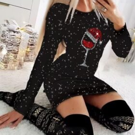 Kadın Uzun Kollu Taş Kadeh Baskı Mikro Kumaş Mini Boy Elbise (çorapsız)