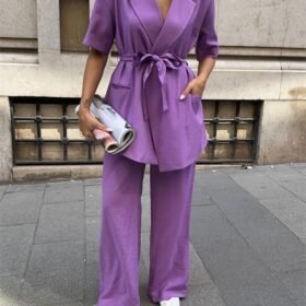 KISA KOL BAĞLAMA DETAYLI CEKET-PANTOLON TAKIM - Mor