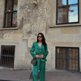 SATEN KRUVAZE BAĞLAMALI BLUZ- PANTOLON TAKIM - Yeşil