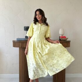 Sarı Kemerli Balon Kollu Elbise