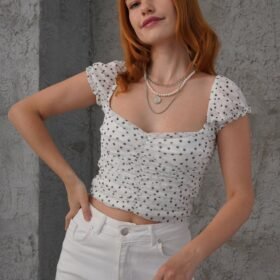 Puantiyeli Belden Oturtmalı Tül Beyaz Bluz