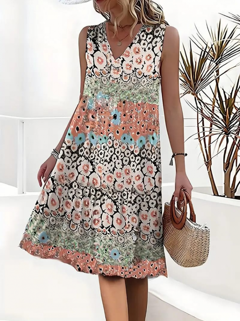 Kadın Kolsuz V Yaka çiçek Desenli Süprem Elbise - Görsel 3