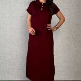 Kadın Kısa Kollu Yakalı Yandan Yırtmaçlı Viskon Iki Iplik Elbise