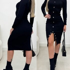 Kadın Uzun Kollu Yırtmaçlı Düğme Detaylı Midi Kaşkorse Elbise