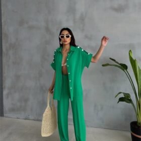 OMUZ MİDYE SIRALI BLUZ - PAÇA PENSLİ PANTOLON TAKIM - Yeşil