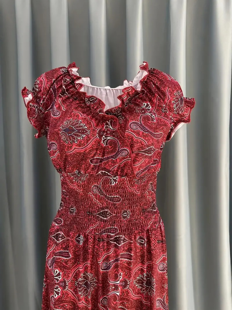 Kadın Kısa Kollu V Yakalı Beli Gipeli Desenli Süprem Maksi Elbise - Görsel 4