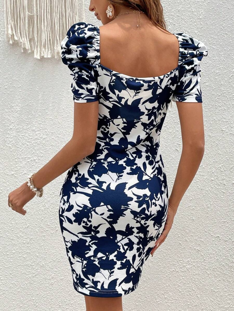 Kadın Kısa Kollu Kruvaze Yakalı çiçek Baskılı Süprem Elbise - Görsel 2