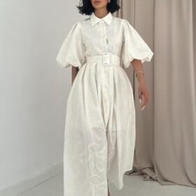 Ekru Pileli Balkon Elbise