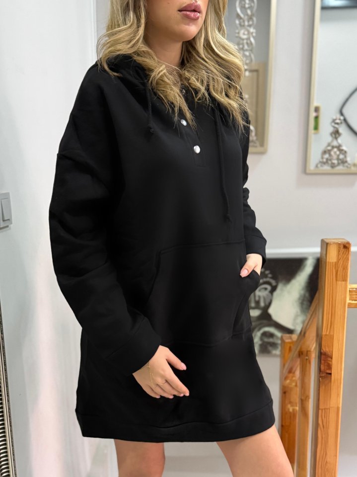 Kadın Uzun Kollu Kapşonlu Bağcıklı önden Düğmeli Ve Cepli Iki Iplik şardonlu Elbise - Görsel 3