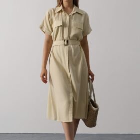 Kuşaklı Cep Detaylı Yarım Kol Elbise - Ekru