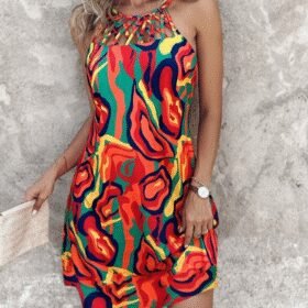 Kadın Omuzlardan Açık çapraz şerit Detaylı Desenli Süprem Elbise