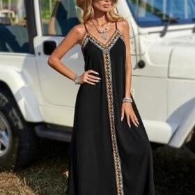 Kadın Askılı V Yakalı Etnik şerit Detaylı Uzun Viskon Elbise