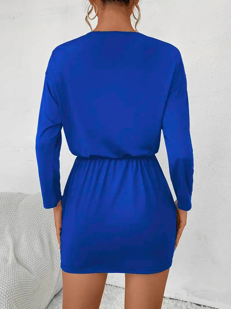 Kadın Uzun Kollu önden Fermuarlı Beli Bağcıklı Kısa Viskon Iki Iplik Elbise - Görsel 3