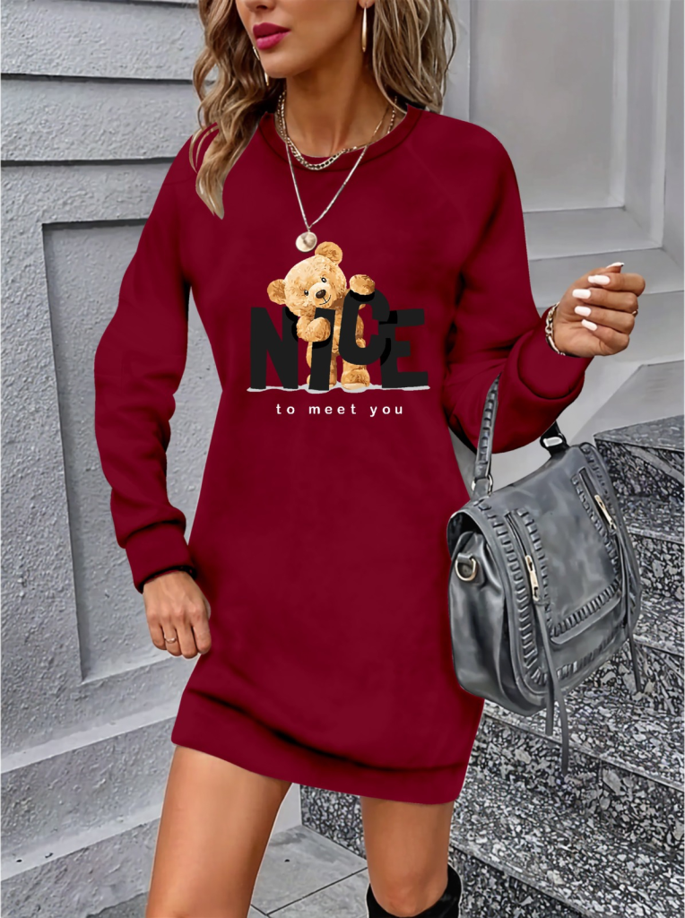 Kadın Uzun Kollu Bisiklet Yaka Ayı Desenli Viskon Iki Iplik Elbise - Görsel 3