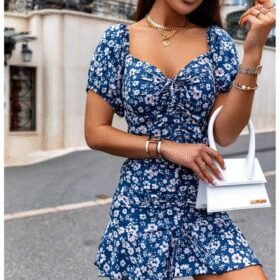 Kadın Kısa Kollu Kalp Yaka çiçek Desenli Krep Elbise