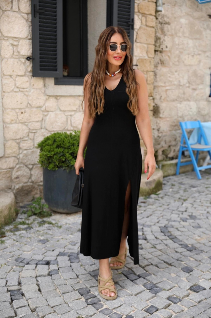 Kadın Kalın Askılı V Yaka Yırtmaç Detay Viskon Elbise - Görsel 2