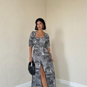 Haki Önü Düğmeli Kalp Yaka Elbise