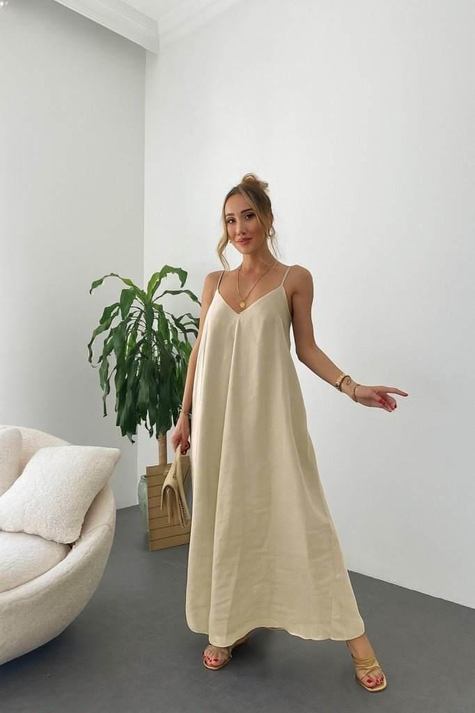 Kadın Ip Askılı V Yakalı Uzun Aerobin Elbise - Görsel 2