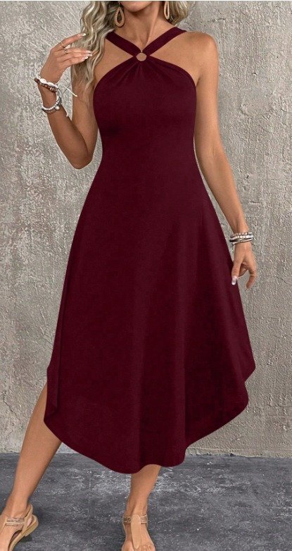 Kadın Boyundan çapraz Askılı Halka Detaylı Asimetrik Kesim Viskon Elbise - Görsel 3