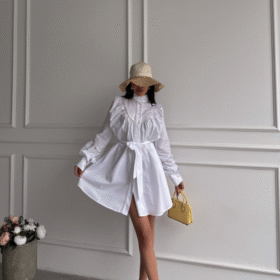 ÖNDEN DÜĞMELİ POPLİN KLOŞ ELBİSE BAĞLAMA KEMER DETAYLI - Beyaz