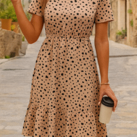 Kadın Kısa Kollu Bisiklet Yaka Desenli Süprem Elbise