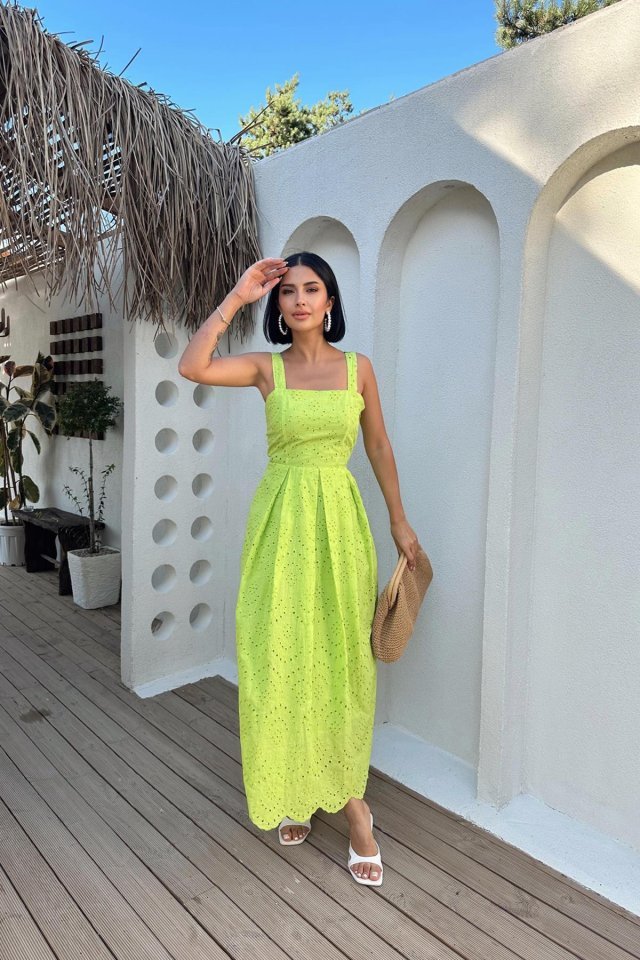 Yağ Yeşili Askılı Aparatlı Brode Elbise - Görsel 2