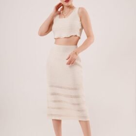 Örme Detaylı Etek Ve Bluz Krem Takım