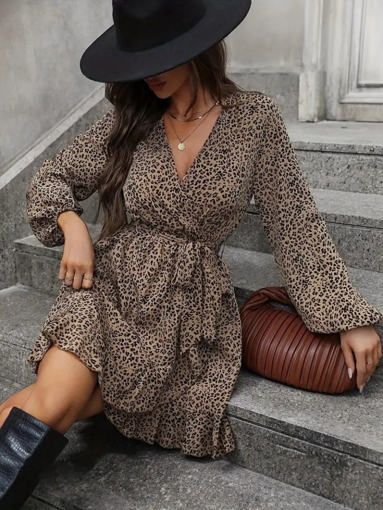 Kadın Uzun Kollu Kruvaze Yakalı Kuşaklı Desenli Kısa Modal Mini Elbise - Görsel 4