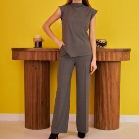 Gri Sıfır Kol Düğmeli Gömlek Takım