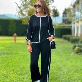 Kadın Bisiklet Yaka Truvakar Kol Biye Detay Bluz Ve Yüksek Bel Lastikli Pantolon Ikili Takım