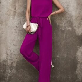 Kadın Kolsuz V Yakalı Aerobin Bluz Ve Belden Kuşaklı Pantolon Ikili Takım