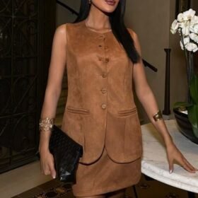 Yelek Ve Mini Etekli İçi Astarlı Süet Takım 9998