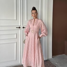 Pudra Kemer Detaylı Uzun Elbise