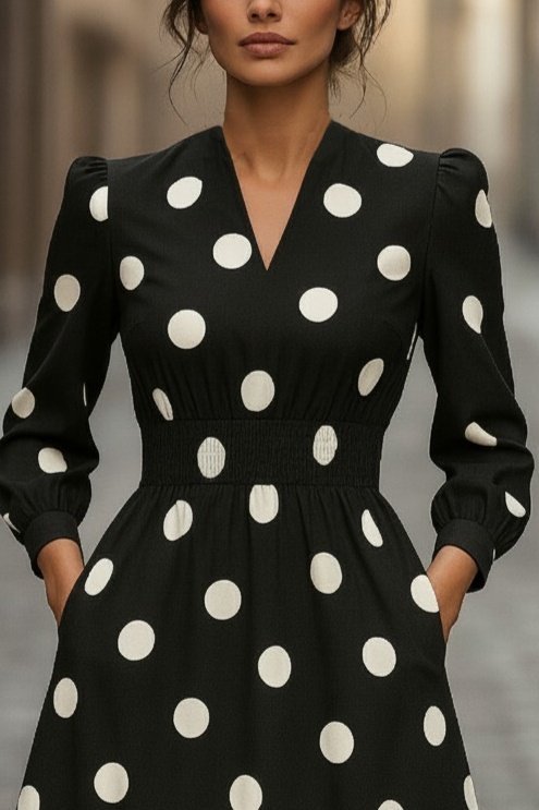 Kadın Uzun Kollu V Yakalı Beli Lastikli Puantiyeli Uzun Krep Elbise - Görsel 2