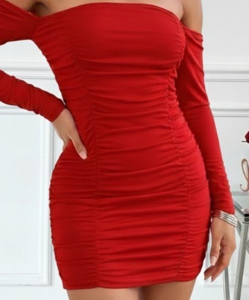 Kadın Uzun Kollu Omuzlardan Açık Takma Kollu Büzgülü Sandy Kısa Elbise - Görsel 2