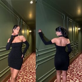 Kadın Madonna Yaka Simli Flower Kumaş Mini Elbise