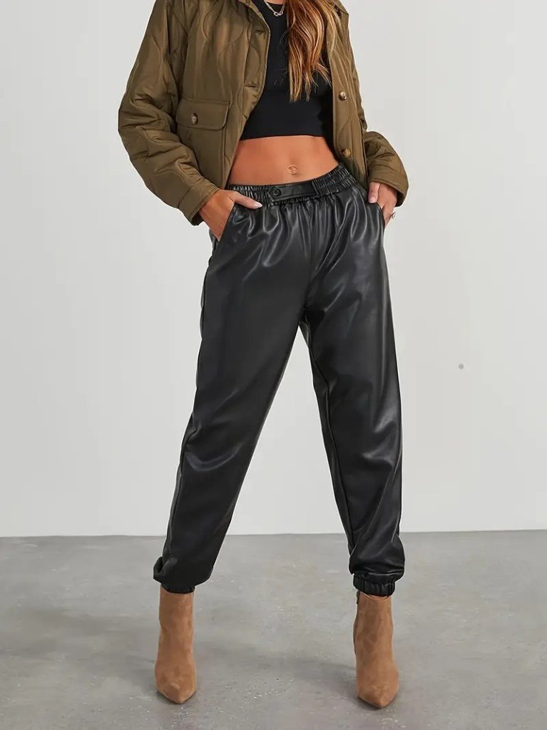 Kadın Yüksek Bel Lastikli önü Düğmeli Deri Pantolon - Görsel 3