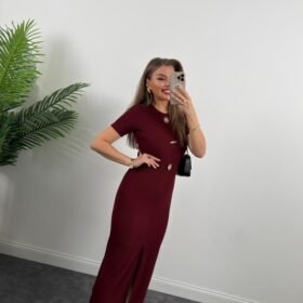 Kadın Ottoman Kumaş Likralı Düğme Tasarımlı Kısa Kol Kalem Elbise