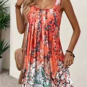 Kadın Sıfır Kollu Kare Yaka önden Pileli Salaş Süprem Elbise