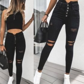 Kadın 5 Düğmeli V Detay Bel Yırtık Kot