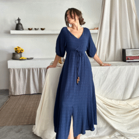 V YAKA BEL BONCUK BAĞLAMALI MÜSLİN ELBİSE YIRTMAÇ DETAYLI - Lacivert