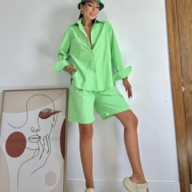 Fıstık Yeşili Önü Cepli Gömlek Ve Şort Takım