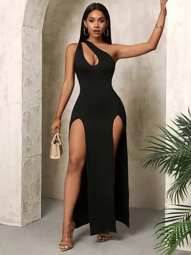 Kadın Tek Omuzdan Açık Damla Detaylı Yırtmaç Detaylı Uzun Janjan Krep Elbise - Görsel 3