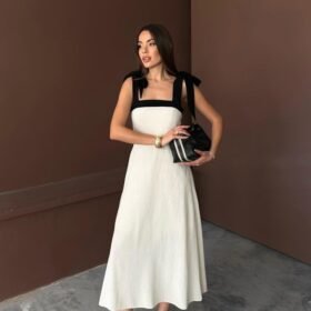 Bej Omuzdan Bağlamalı Keten Elbise